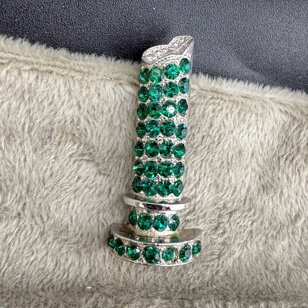 Vintage ORA Brooch Green Rhinestone Officers Start Point Silver Tone Signed